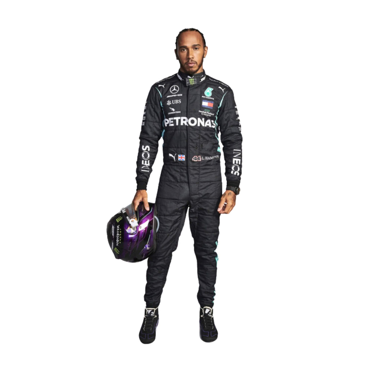 Lewis Hamilton 2021 F1 Racing Suit Front View with detailed sponsor patches and black-green color scheme 