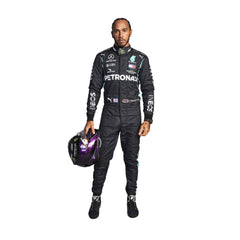 Lewis Hamilton 2021 F1 Racing Suit Front View with detailed sponsor patches and black-green color scheme 