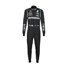 Lewis Hamilton 2021 F1 Racing Suit Front View with detailed sponsor patches and black-green color scheme