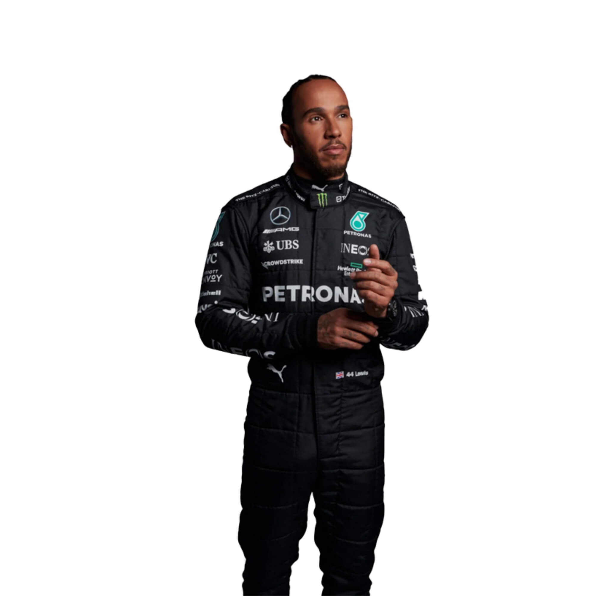 Close-up of Hamilton’s 2023 F1 suit detailing the fabric texture and fine stitching, with clear sponsor placements.Bestracewear