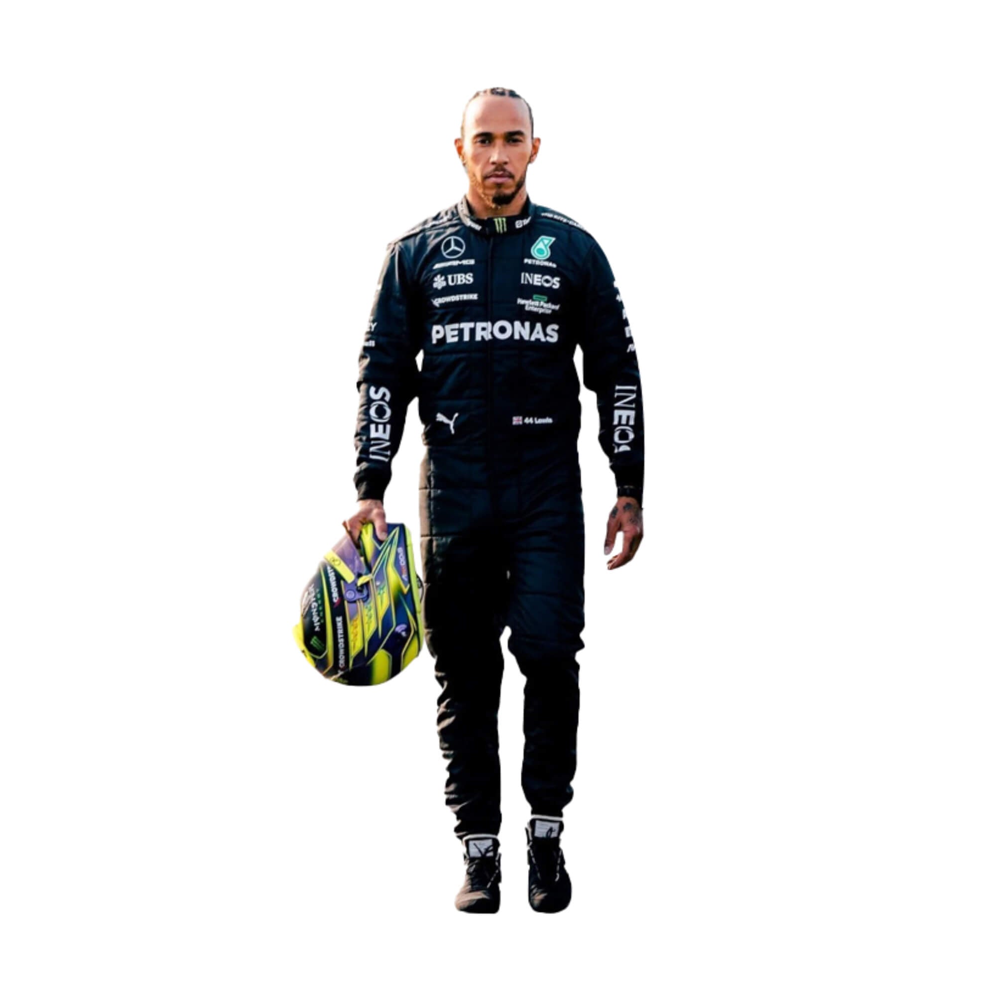 Lewis Hamilton’s 2023 F1 racing suit featuring sponsor logos across the chest and legs, designed for high performance. Bestracewear