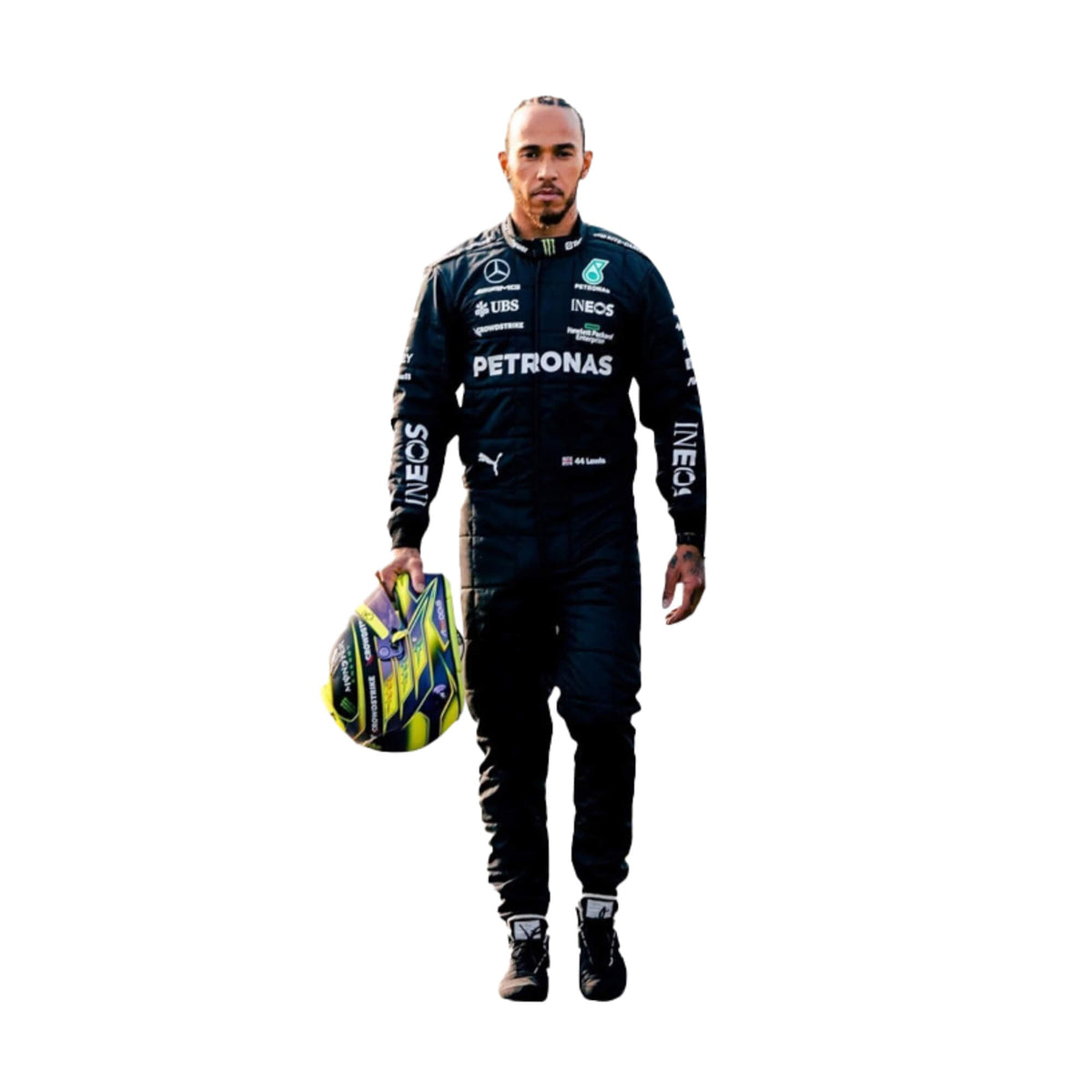 Lewis Hamilton’s 2023 F1 racing suit featuring sponsor logos across the chest and legs, designed for high performance. Bestracewear
