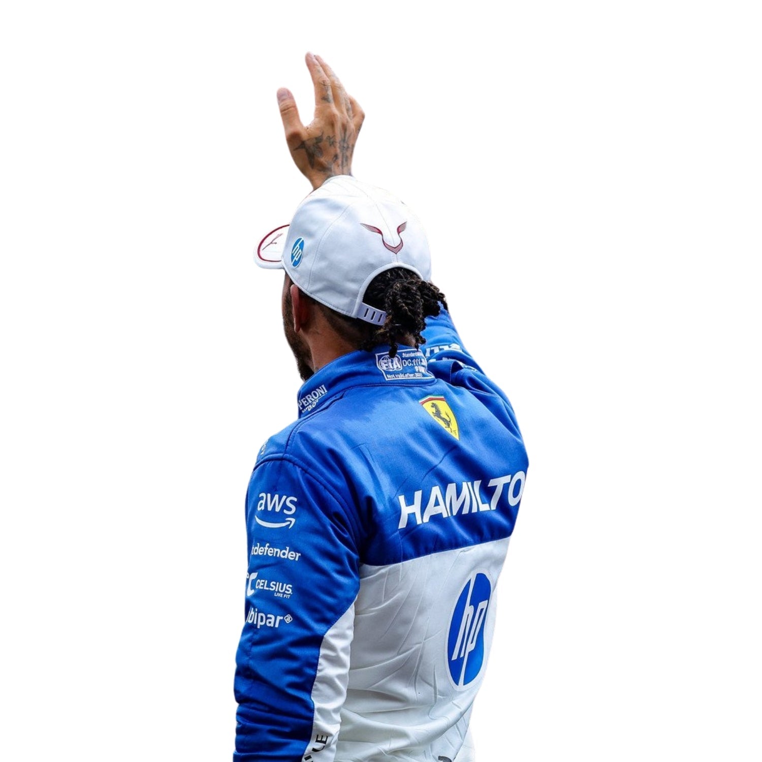 Rear view of Lewis Hamilton 2025 Miami GP F1 Racing Suit_Bestracewear featuring form-fitted tailoring, palm-themed graphics, and team branding near the lower back and collar.