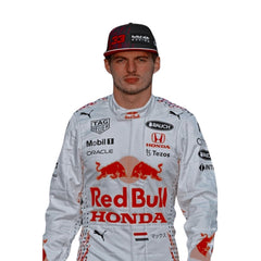 Close-up of the intricate stitching and premium fabric details of Max Verstappen’s 2021 Turkish GP F1 racing suit.