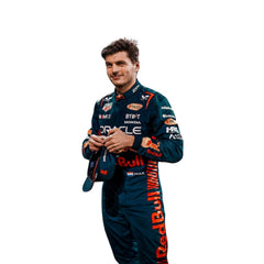 Detailed shot of Verstappen’s suit texture showing high-performance fabric with fine stitching and vivid yellow logo accents on navy.Bestracewear