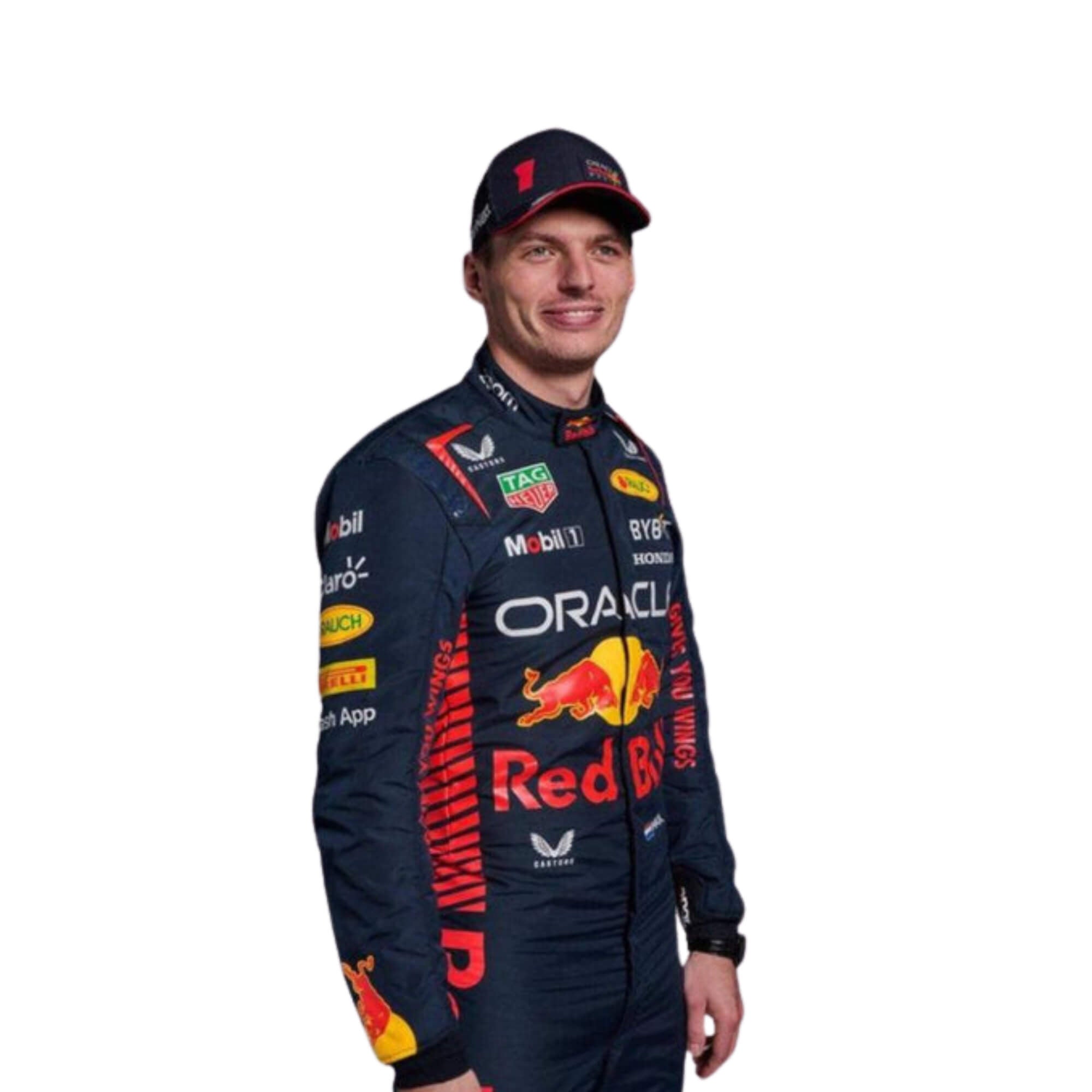 Detailed shot of Verstappen’s suit texture showing high-performance fabric with fine stitching and vivid yellow logo accents on navy.Bestracewear