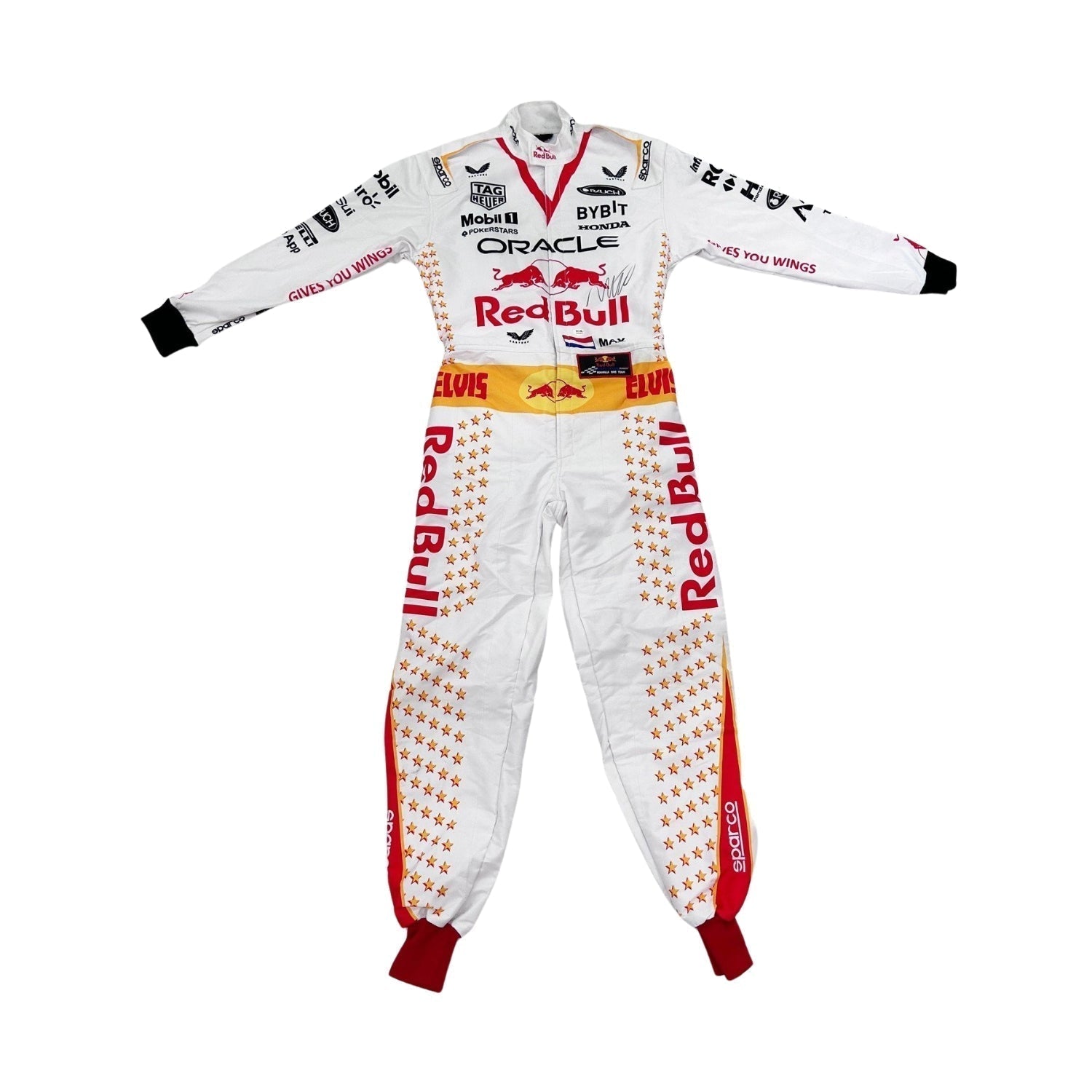 Max Verstappen in the 2023 Las Vegas GP racing suit featuring a crisp white base with gold star embellishments, red accents, and a signature Elvis-style belt.Bestracewear