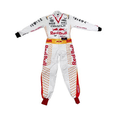 Max Verstappen in the 2023 Las Vegas GP racing suit featuring a crisp white base with gold star embellishments, red accents, and a signature Elvis-style belt.Bestracewear