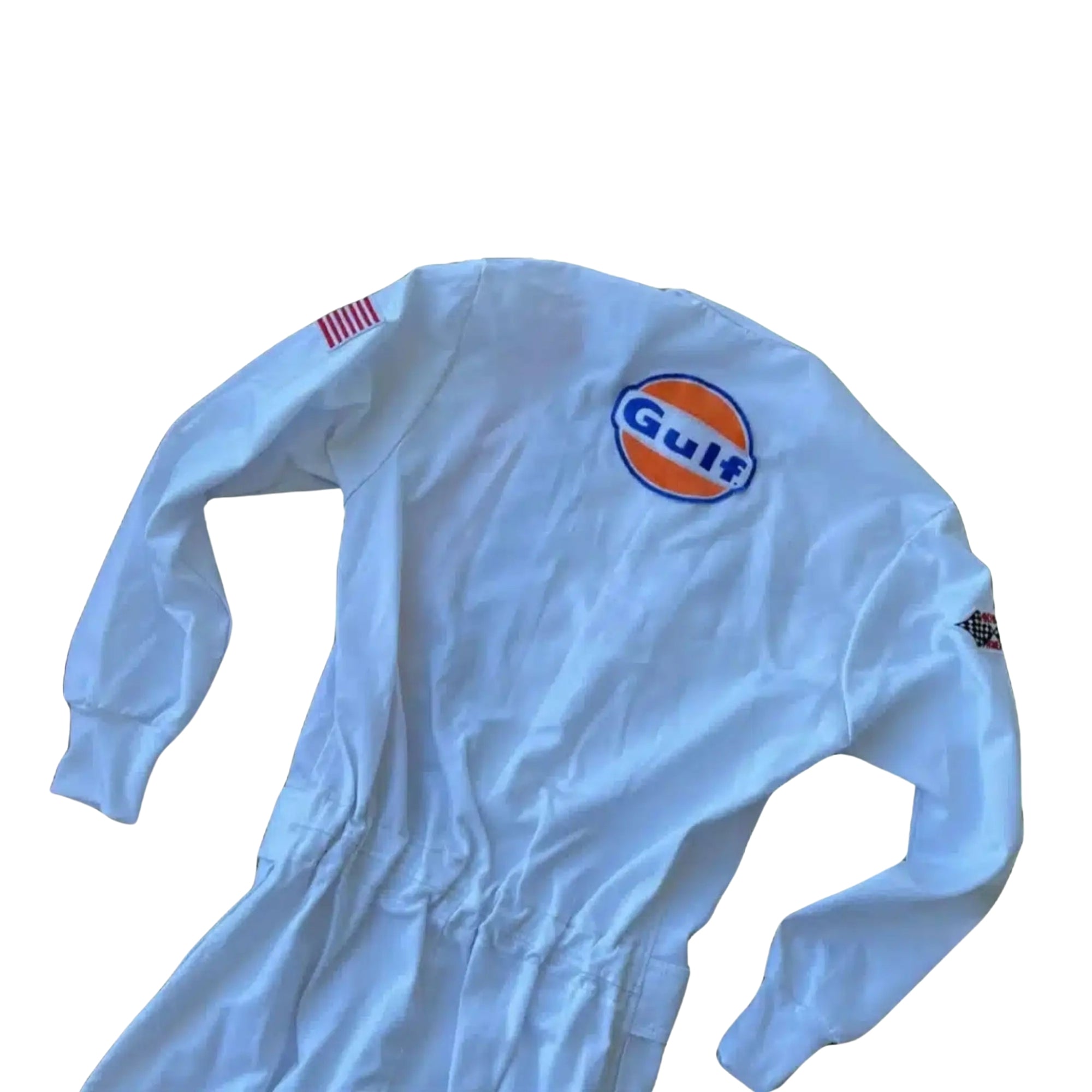 Rear shot of the 1971 Le Mans racing suit from Steve McQueen’s role as Michael Delaney, highlighting clean tailoring, minimalistic back panel, and retro silhouette_bestracewear