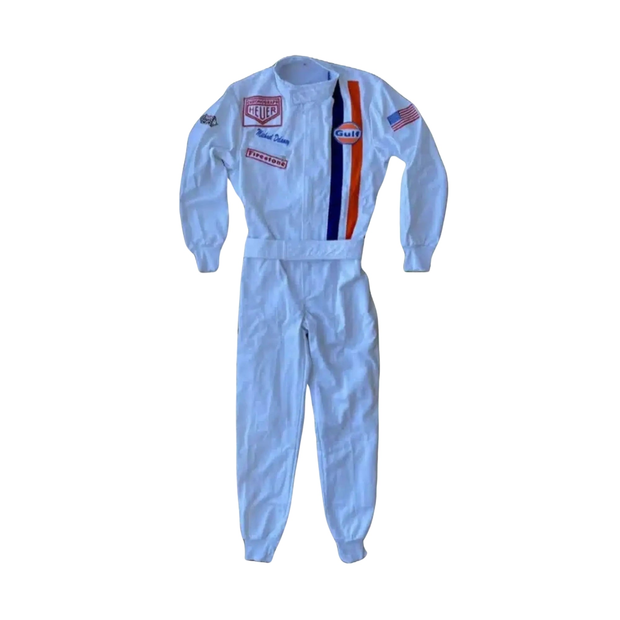 Front view of Michael Delaney’s 1971 Le Mans racing suit worn by Steve McQueen, featuring off-white base, vertical Gulf racing stripes in blue and orange, and vintage patchwork detailing _ Bestracewear