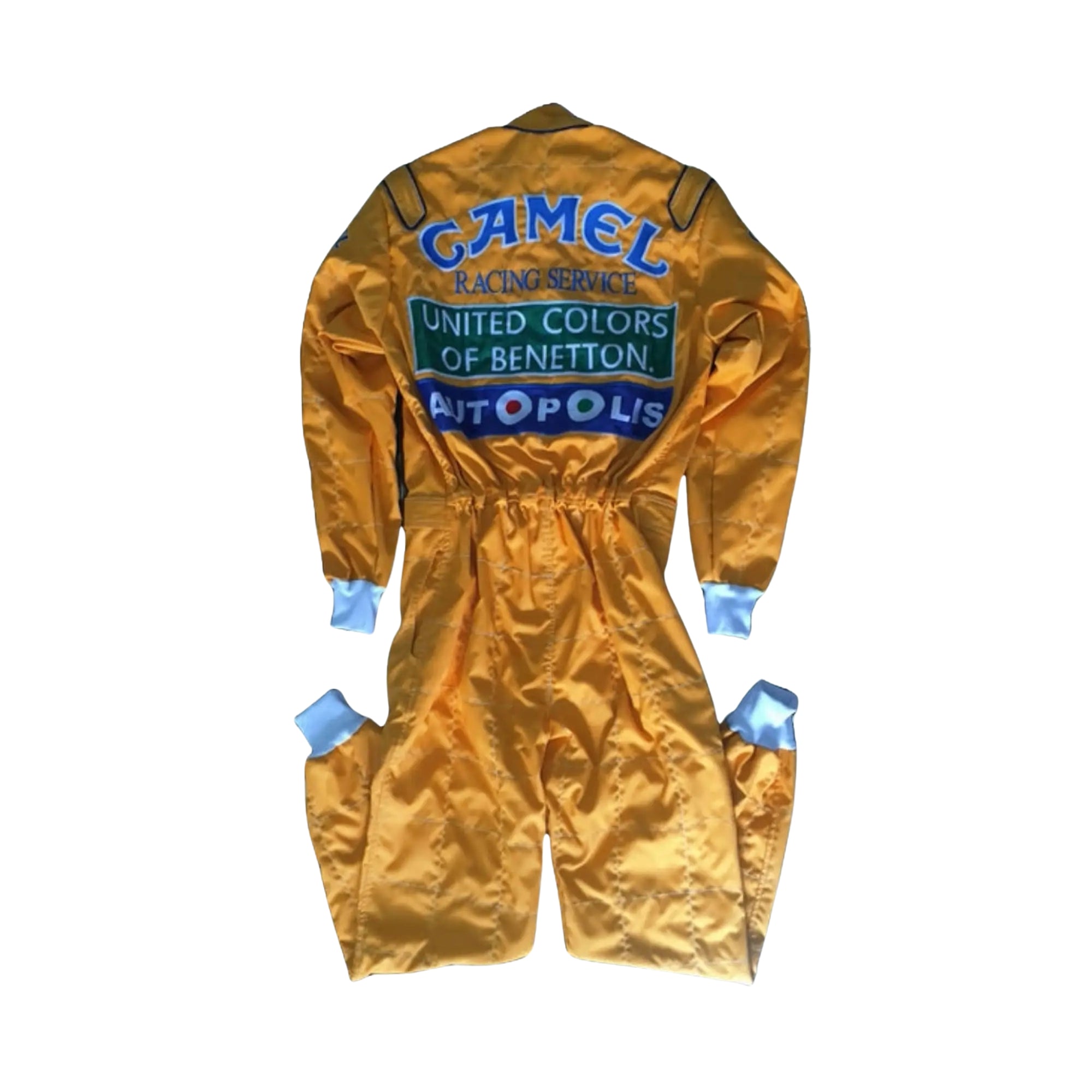 Back side of the 1992 Formula 1 suit worn by Michael Schumacher, showcasing era-specific sponsor logos and reinforced fabric seams for safety-Bestracewear
