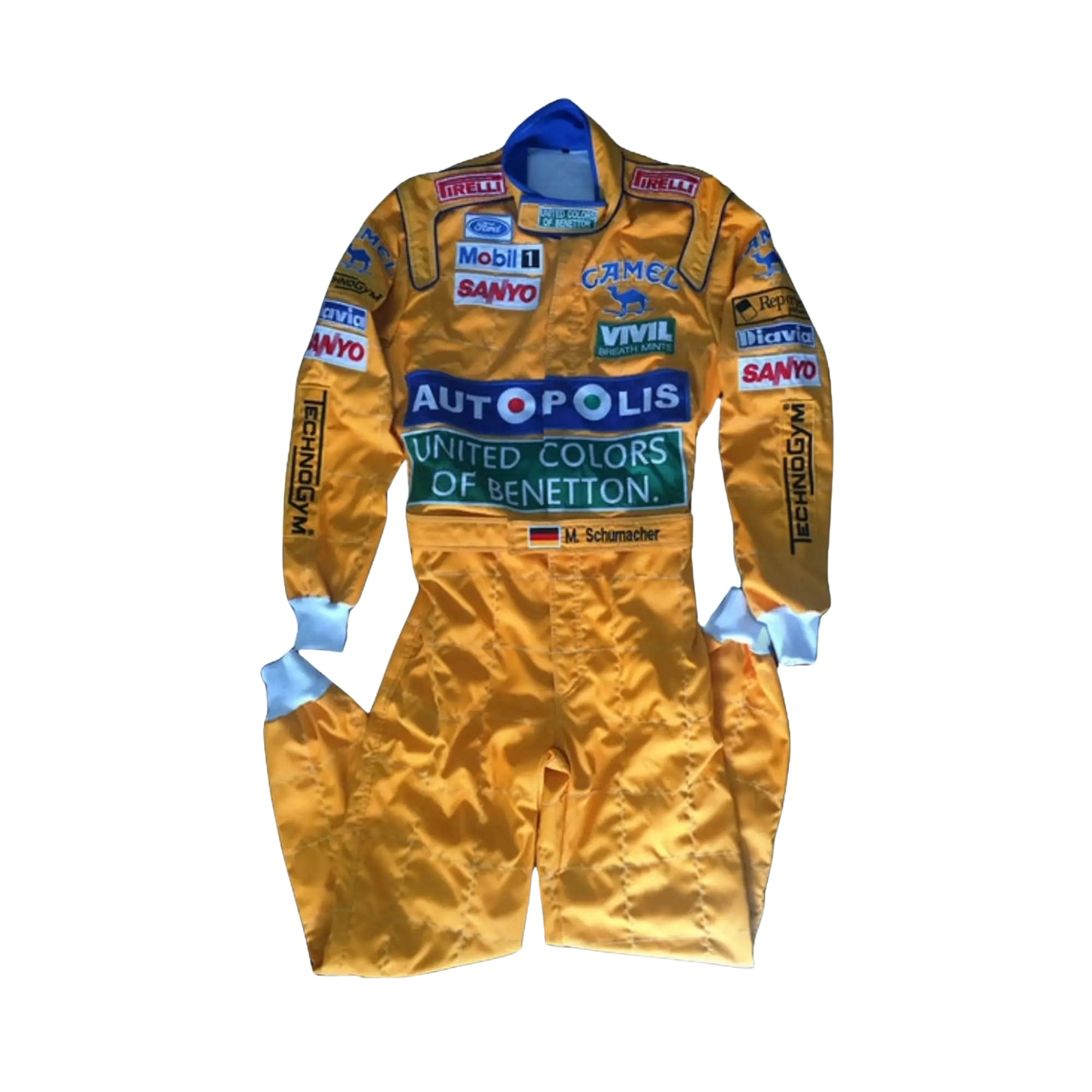 Close-up of the embroidered logos, stitching details, and breathable fabric textures from Michael Schumacher’s 1992 Benetton F1 racing suit_ Bestracewear