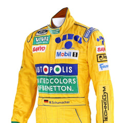 Close-up of the embroidered logos, stitching details, and breathable fabric textures from Michael Schumacher’s 1992 Benetton F1 racing suit. Bestracewear