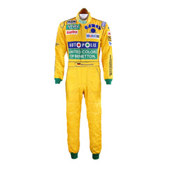 Front view of Michael Schumacher's 1992 F1 racing suit featuring deep green with yellow accents, signature Benetton sponsorship, and classic zip-front design.Bestracewear
