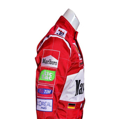 Side profile of Schumacher’s 2000 racing suit, displaying Ferrari red and clean white stripes along the torso with sponsor logos from his dominant 2000 season.Bestracewear
