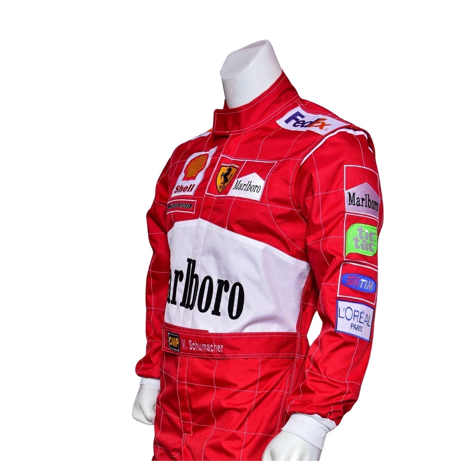 Side profile of Schumacher’s 2000 racing suit, displaying Ferrari red and clean white stripes along the torso with sponsor logos from his dominant 2000 season-Bestracewear