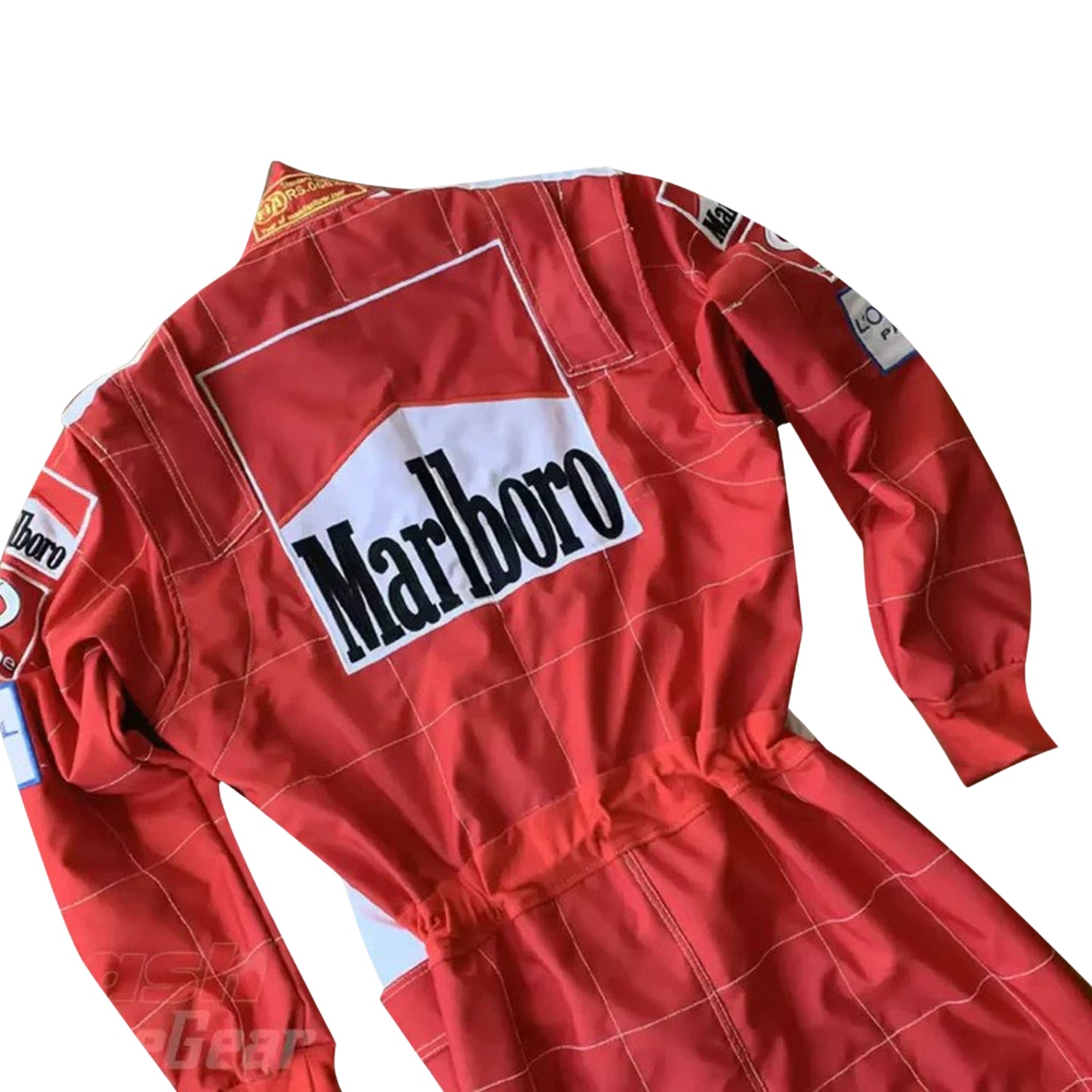 Backside of Schumacher’s 2005 Ferrari F1 suit showcasing a full red design with bold white stitched logos and commemorative embroidery marks.Bestracewear