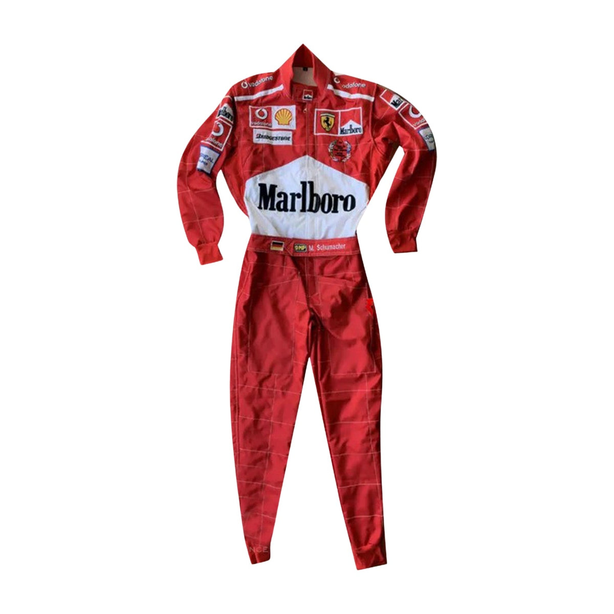 Front view of Michael Schumacher’s 2005 F1 racing suit in signature Ferrari red, with intricate white embroidery and sponsor detailing from the 2005 season-Bestracewear