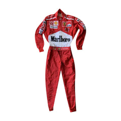 Front view of Michael Schumacher’s 2005 F1 racing suit in signature Ferrari red, with intricate white embroidery and sponsor detailing from the 2005 season-Bestracewear