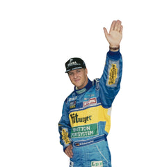 Close-up shot of Schumacher’s 1995 race suit, displaying detailed stitching, blue-green paneling, and the iconic yellow Bitburger logo placement.Bestracewear