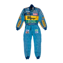 Front view of Michael Schumacher’s 1995 F1 race suit in deep blue and bright green, featuring signature Bitburger and sponsor patches from his title year.Bestracewear