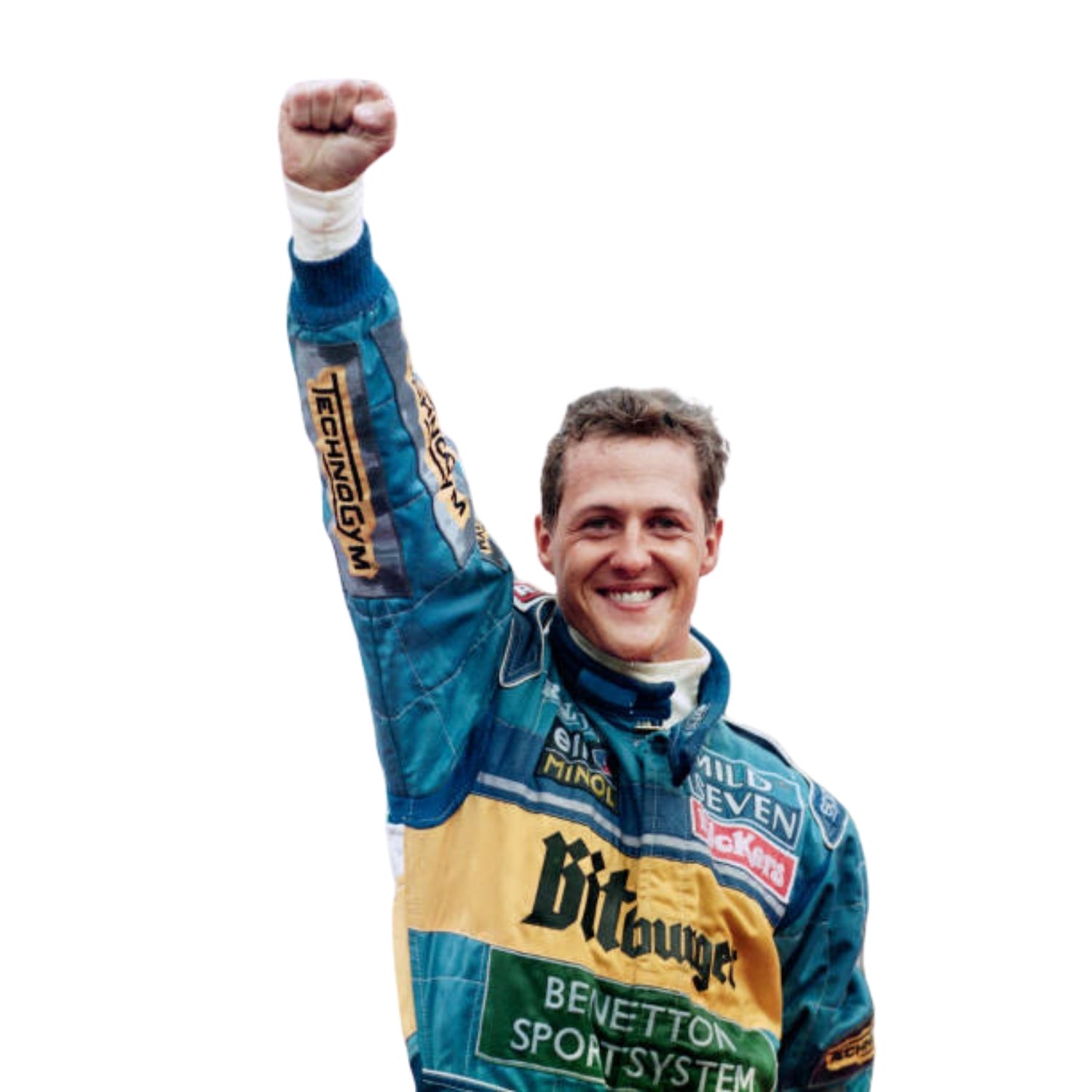 Close-up shot of Schumacher’s 1995 race suit, displaying detailed stitching, blue-green paneling, and the iconic yellow Bitburger logo placement.Bestracewear