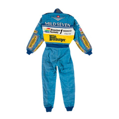 Backside of Schumacher’s 1995 racing suit, showcasing a green-dominated rear panel with blue sleeves and prominent yellow sponsor branding. Bestracewear