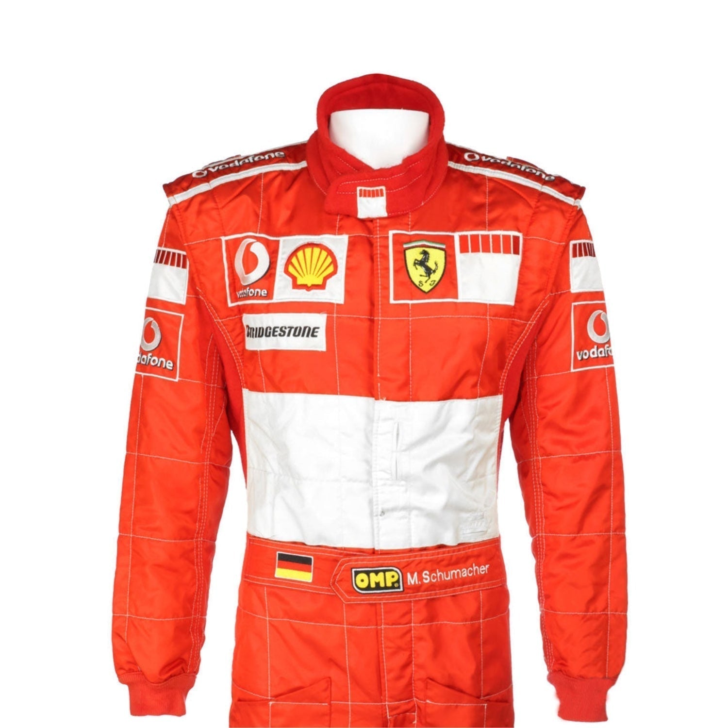 Close-up shot of Schumacher’s 2006 race suit, highlighting the detailed stitching, premium red material, and signature white branding elements.Bestracewear