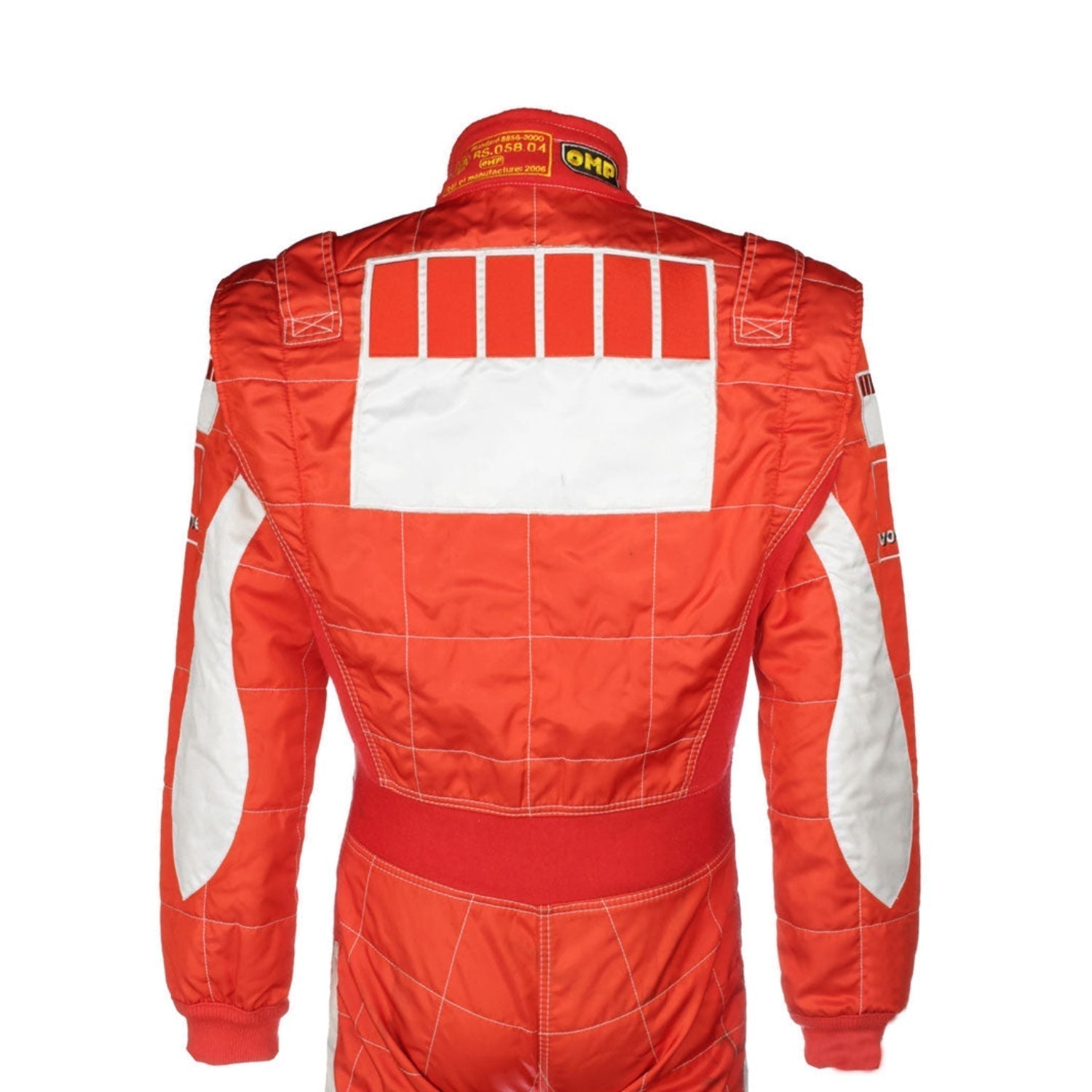 Close-up shot of Schumacher’s 2006 race suit, highlighting the detailed stitching, premium red material, and signature white branding elements.Bestracewear