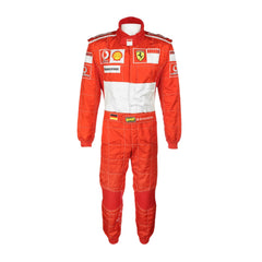 Front view of Michael Schumacher’s 2006 F1 racing suit in bold red with crisp white sponsor logos, representing his final full F1 season.Bestracewear