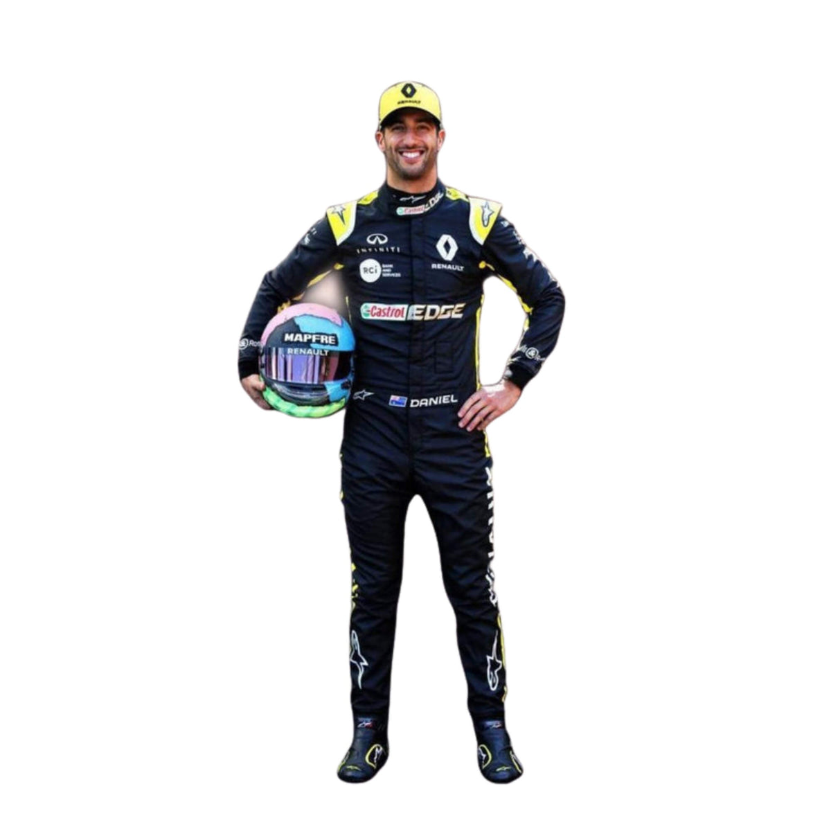 Daniel Ricciardo 2019 F1 racing suit – front view featuring a sleek, modern design with bold race-inspired details, trending in the motorsport community. Bestracewear