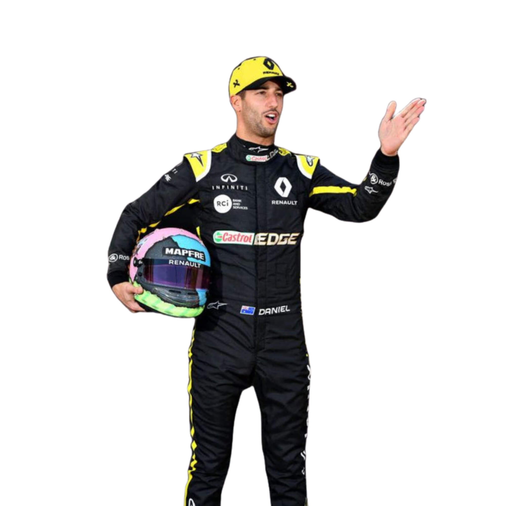 Daniel Ricciardo 2019 F1 suit – front close up view featuring a sleek, modern design with bold race-inspired details-Bestracewear
