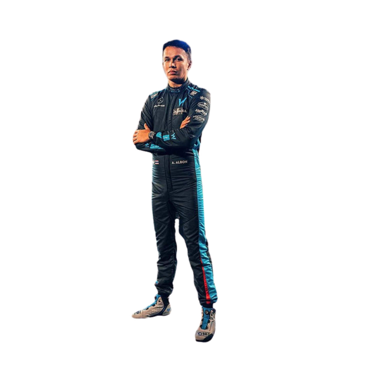 High-resolution image of Alexander Albon's 2022 F1 suit laid flat, emphasizing the navy blue and light blue color combination and technical fabric texture