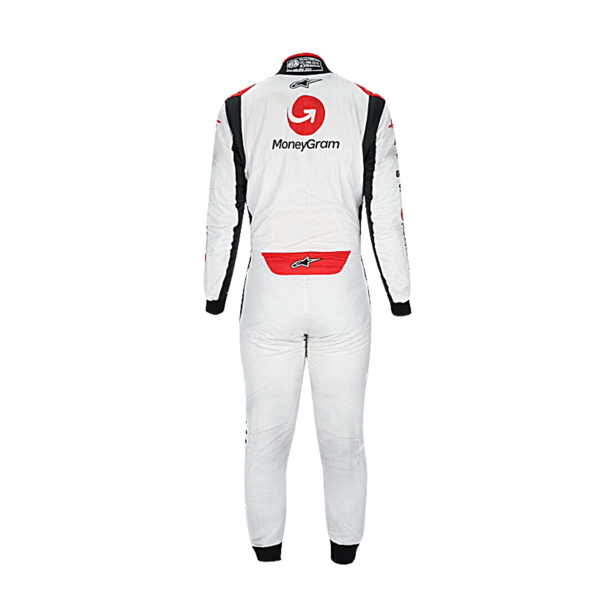 Back view of 2023 Kevin Magnussen F1 racing suit from bestracewear displaying precision stitching, flexible fabric, and a streamlined, racer-ready design in black, white, and red.