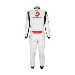 Back view of 2023 Kevin Magnussen F1 racing suit from bestracewear displaying precision stitching, flexible fabric, and a streamlined, racer-ready design in black, white, and red.