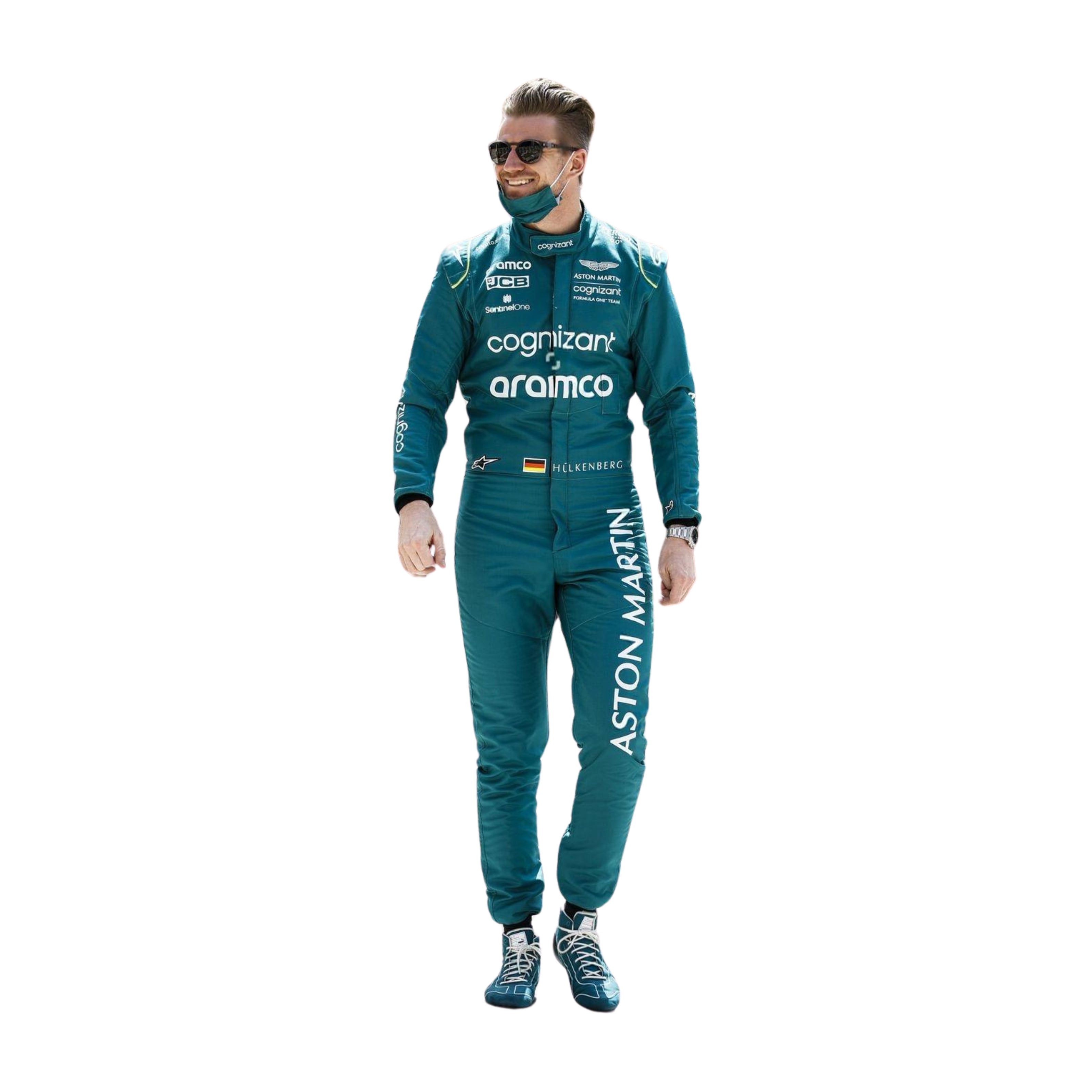 Front view of Nico Hülkenberg's 2022 Saudi Arabian GP F1 racing suit in British racing green with lime accents, highlighting the ergonomic design