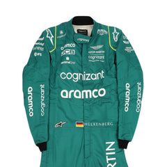 Close-up of the upper torso of Nico Hülkenberg's 2022 racing suit, featuring British racing green fabric with lime detailing 