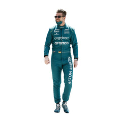 Front view of Nico Hülkenberg's 2022 Saudi Arabian GP F1 racing suit in British racing green with lime accents, highlighting the ergonomic design