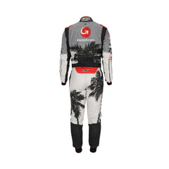 Rear view of Nico Hülkenberg's 2023 Miami Grand Prix racing suit, highlighting the continuation of the pastel color scheme and tropical patterns, emphasizing the suit's sleek design.