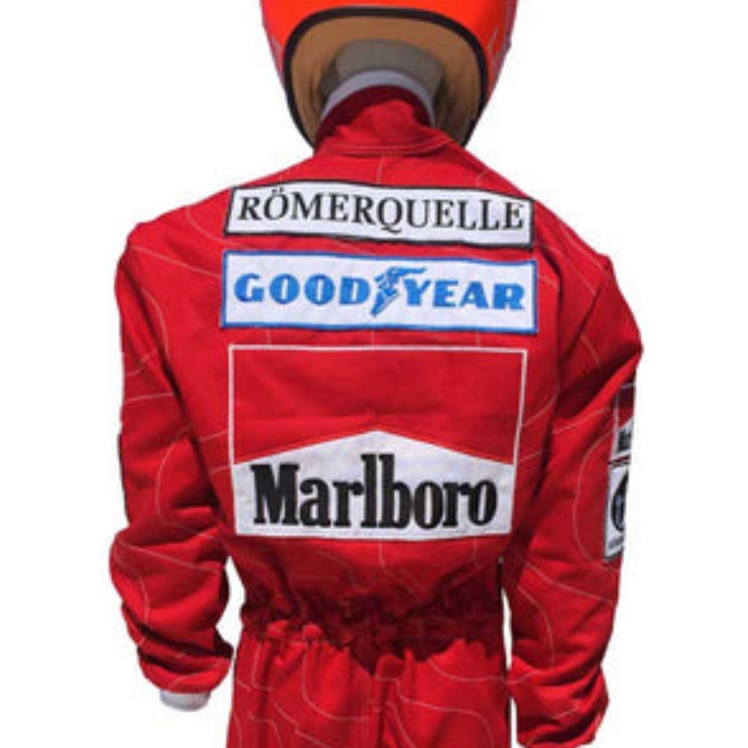 Back view of Niki Lauda’s 1976 f1 racing suit, showcasing the red Ferrari design and sponsor patches, a symbol of Lauda's courage and perseverance in his remarkable return.Bestracewear