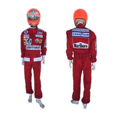 Front view of Niki Lauda’s 1976 F1 racing suit, featuring Ferrari's classic red color with sponsor logos, worn during his legendary comeback after a life-threatening crash.
Back view of Niki Lauda’s 1976 racing suit, showcasing the red Ferrari design and sponsor patches, a symbol of Lauda's courage and perseverance in his remarkable return.Bestracewear