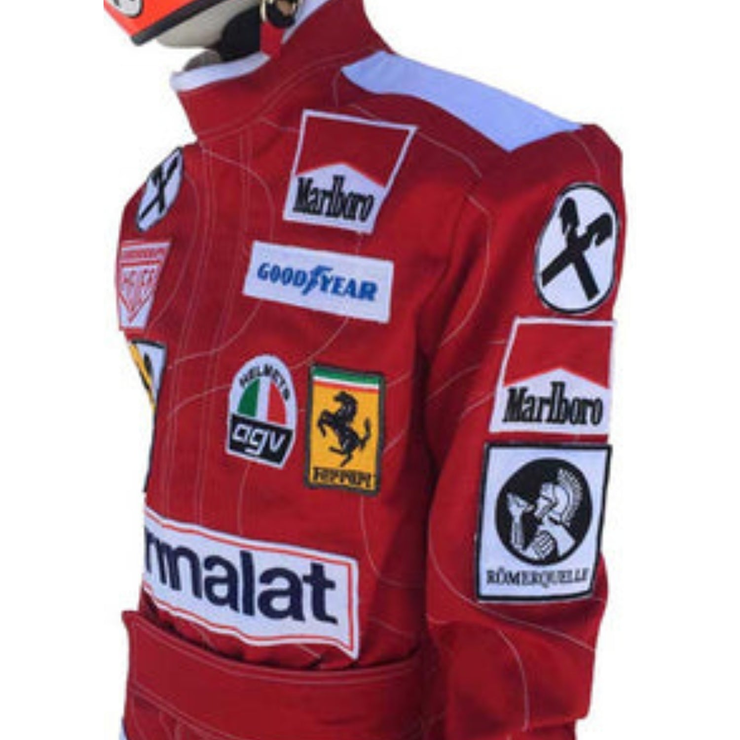 Side profile of Niki Lauda’s 1976 F1 racing suit, highlighting the sharp fit and distinctive red coloring, marking one of the most iconic seasons in Formula 1 history.Bestracewear
