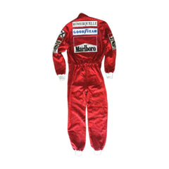 Back view of Niki Lauda’s 1976 racing suit, showcasing the red Ferrari design and sponsor patches, a symbol of Lauda's courage and perseverance in his remarkable return.Bestracewear