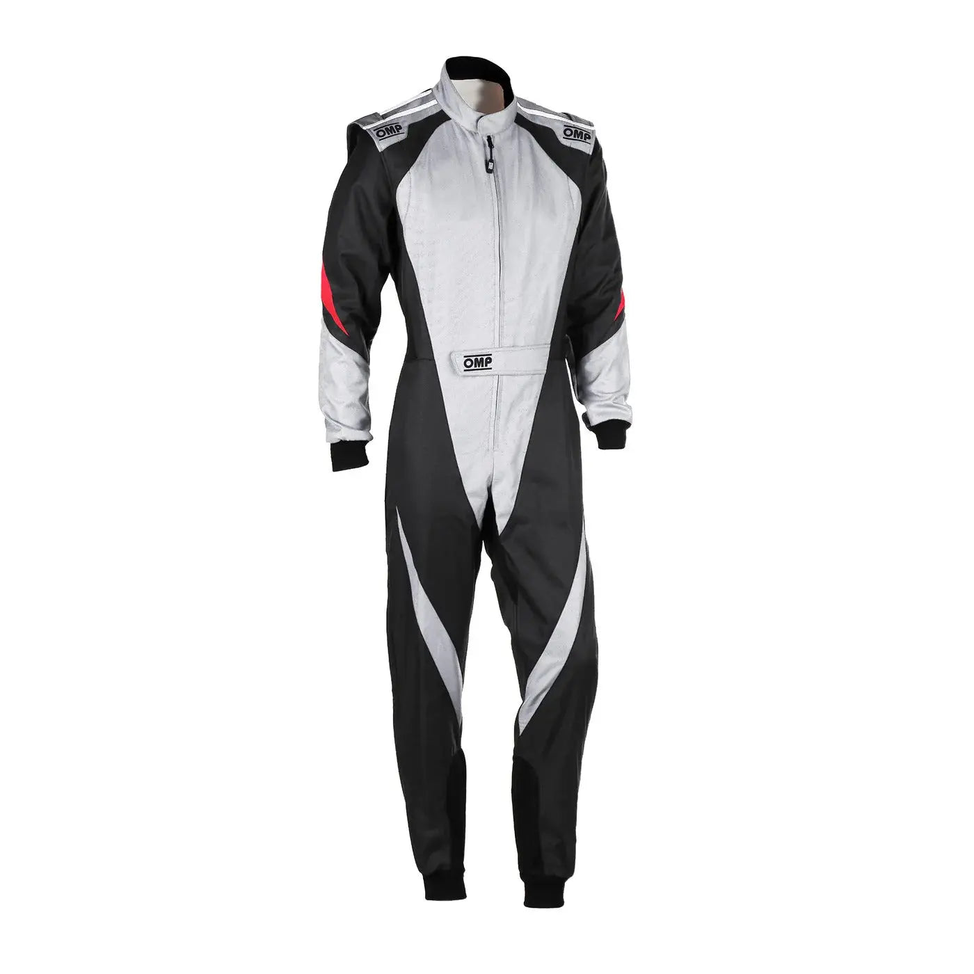 Front View of Black and white Go kart racing suit with red accents OMP Kart racing Suit -Bestracewear
