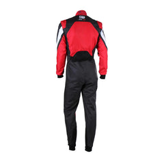 Back View of Red and black racing suit with visible branding OMP Kart Suit KS-3X - FIA 88770 Bestracewear