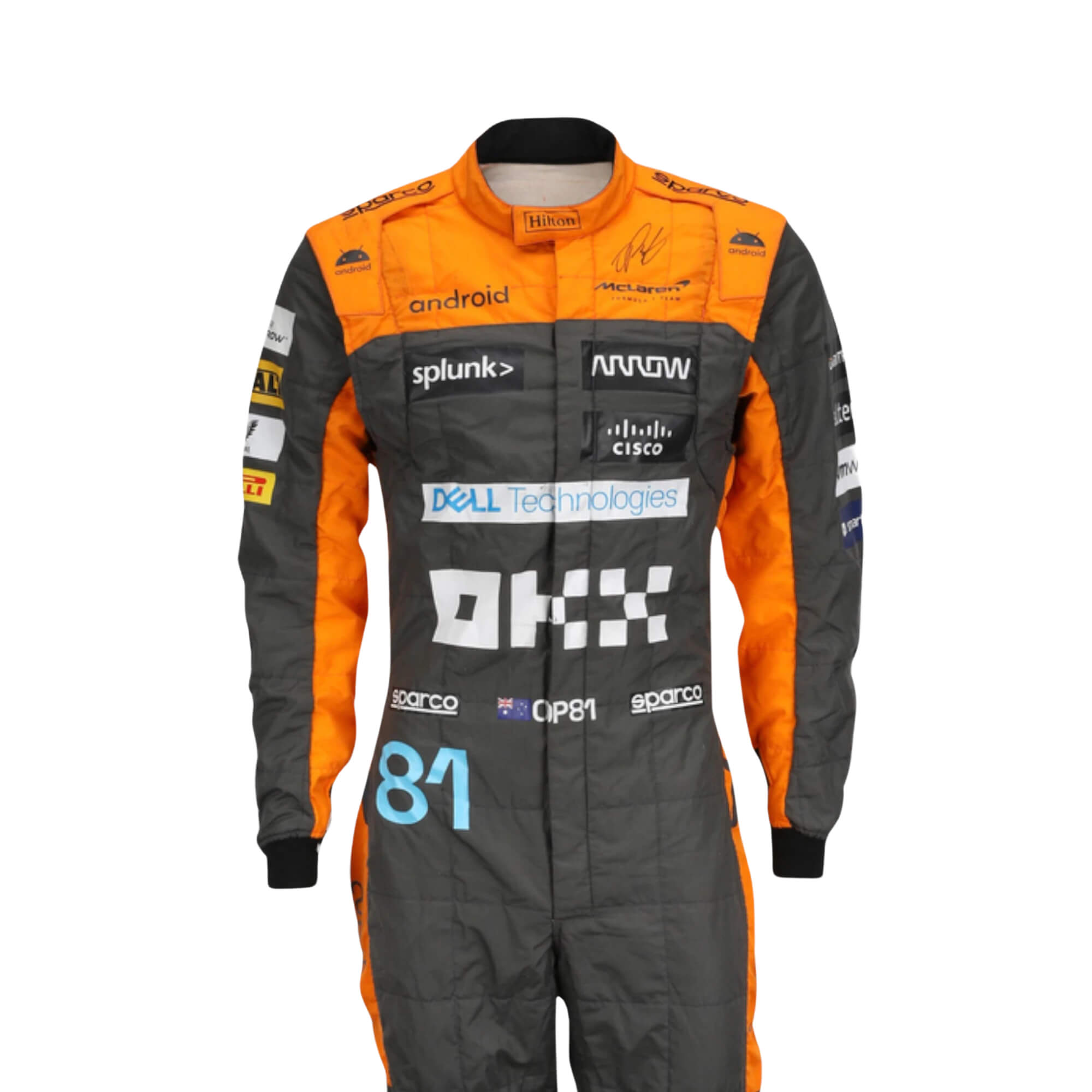 Close-up of the 2023 f1 race suit highlighting premium stitching, vibrant sponsor patches, and breathable fabric mesh zones. Bestracewear