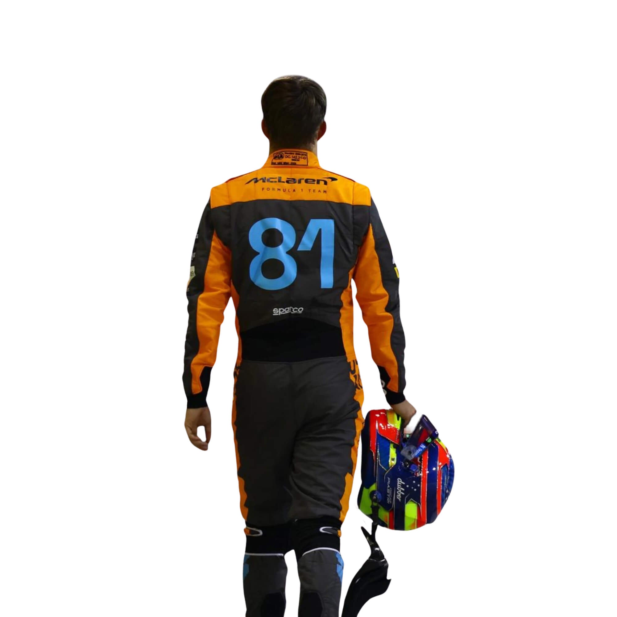 Rear view of Oscar Piastri’s 2023 race suit displaying signature elements and sleek design lines suited for high-speed performance.Bestracewear

