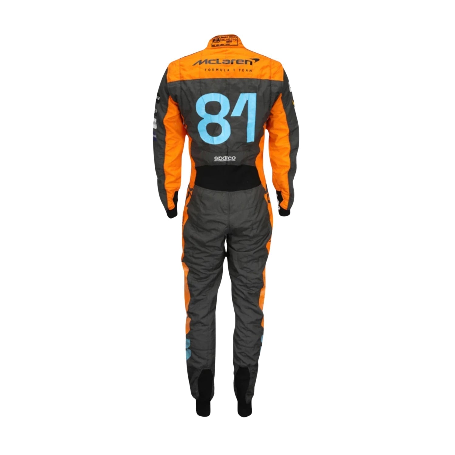 Rear view of Oscar Piastri’s 2023 f1 race suit displaying signature elements and sleek design lines suited for high-speed performance.