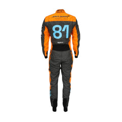 Rear view of Oscar Piastri’s 2023 f1 race suit displaying signature elements and sleek design lines suited for high-speed performance.