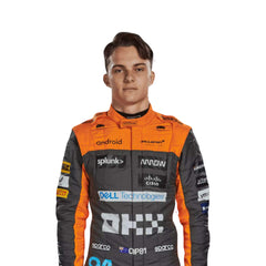 Close-up of the 2023 race suit highlighting premium stitching, vibrant sponsor patches, and breathable fabric mesh zones.Bestracewear